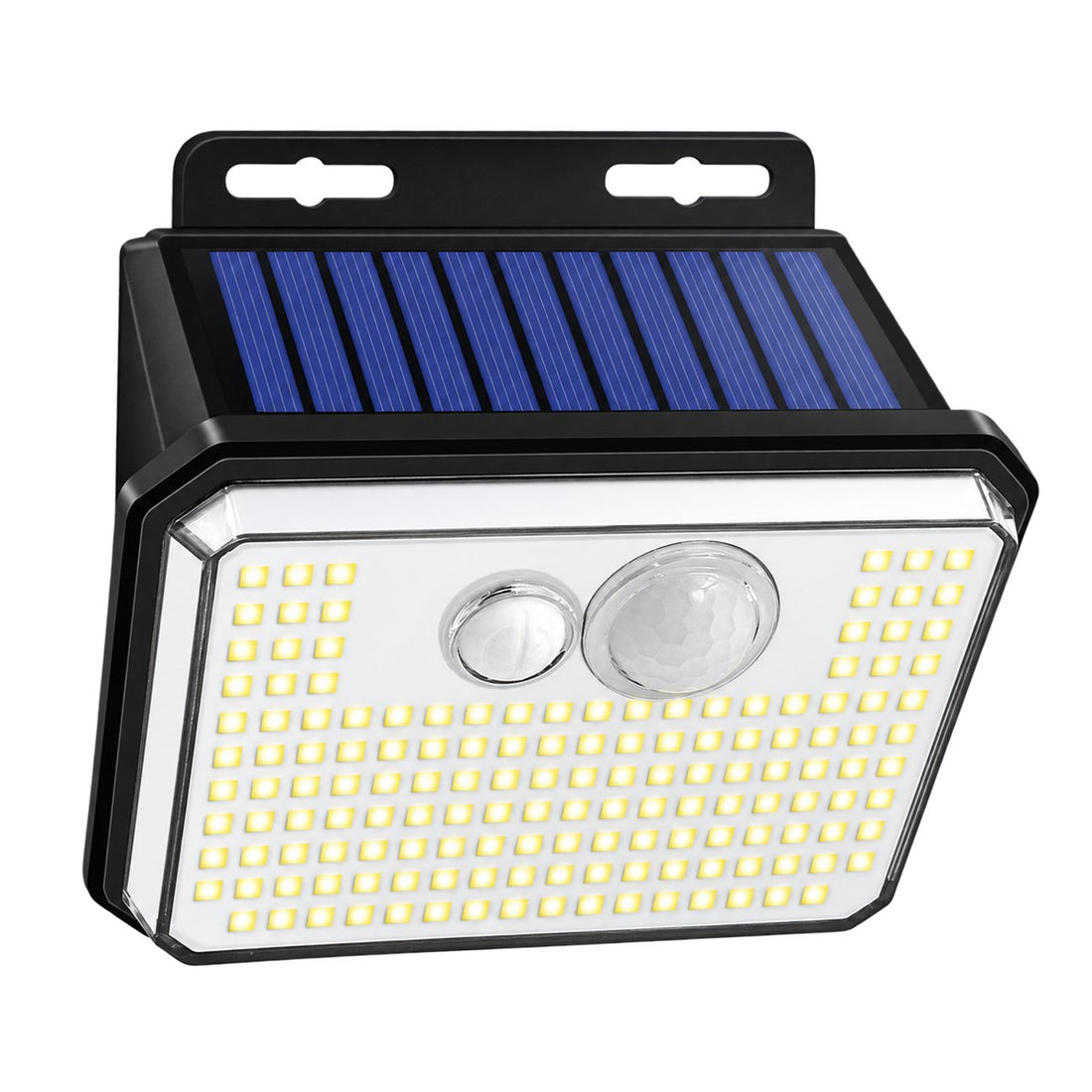 Refletor solar com sensor de presença e 148 LEDs para muro e garagem, vista em ângulo 3/4