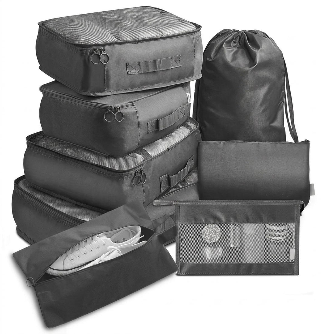 Kit organizador de mala com 7 peças em algodão para viagem, vista em ângulo 3/4 em fundo branco