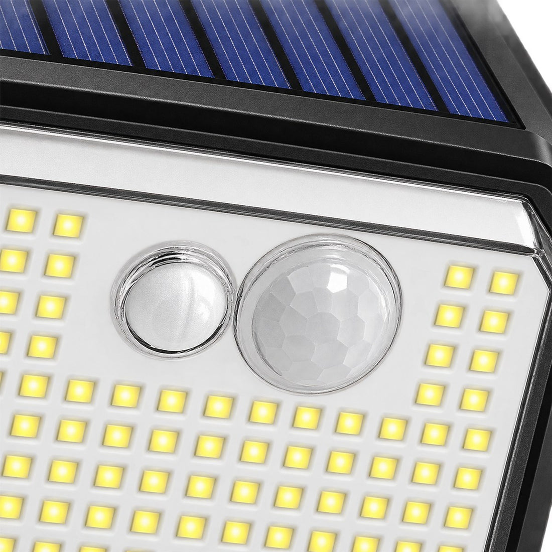 Luz Solar de Parede com Sensor de Presença e 148 LEDs para Jardim e Garagem, detalhe do acabamento