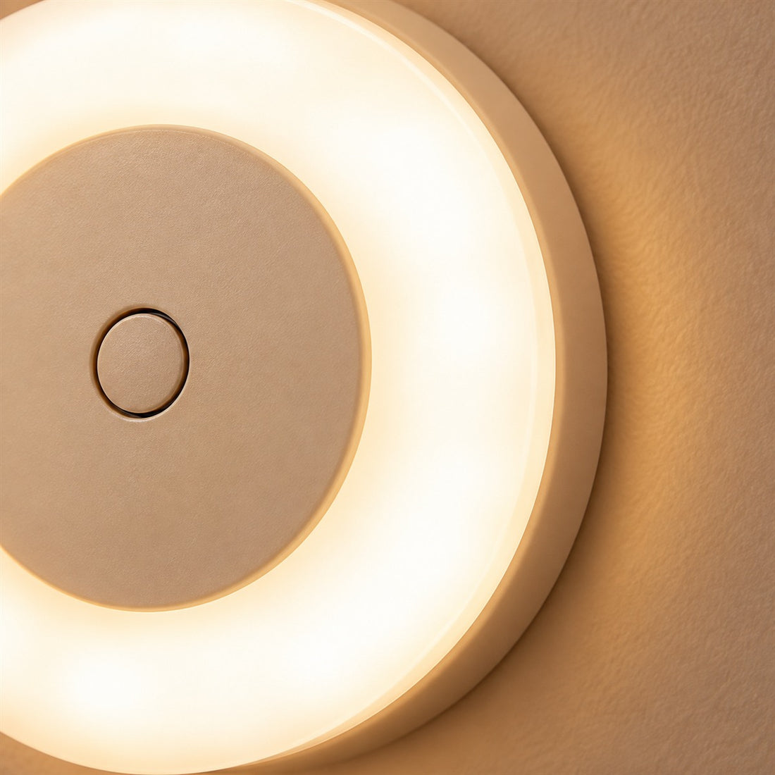 Arandela recarregável usb redonda com luz regulável no toque para armário e corredor, detalhe do acabamento