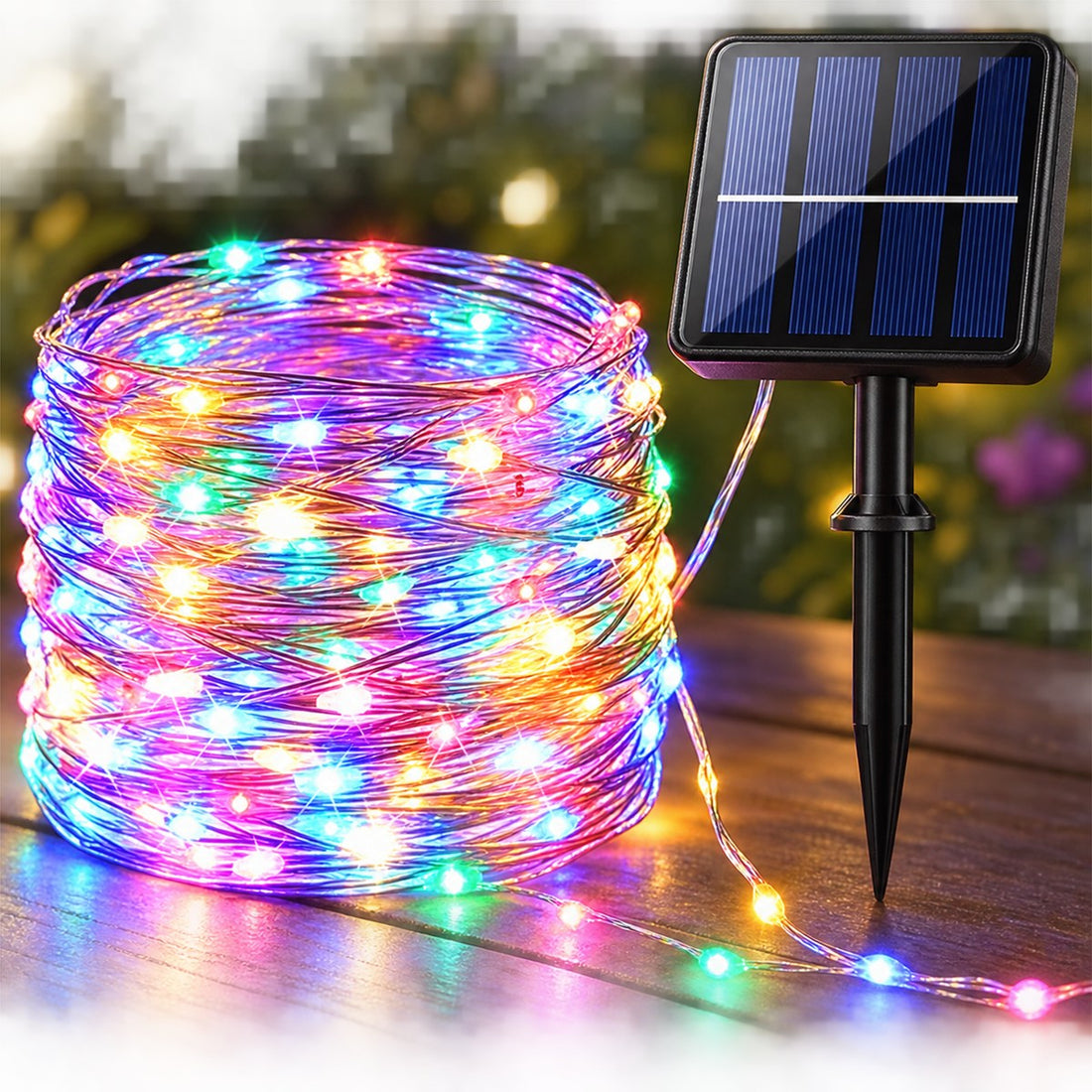 Cordão de luz solar com oito modos para varanda, árvore e área externa, detalhe do acabamento