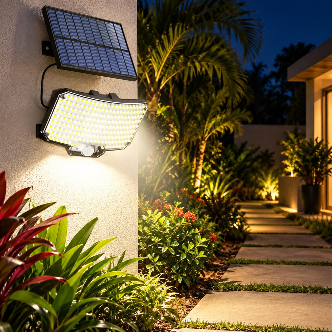 Luminária Solar com Controle Remoto e Sensor de Presença 234 LEDs para Área Externa em uso no ambiente