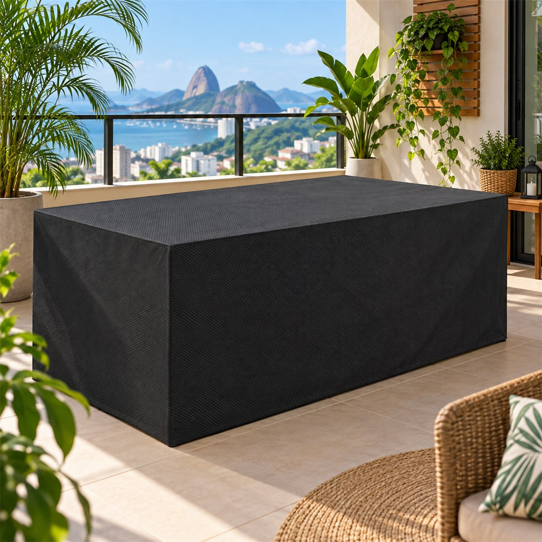 Capa para móveis externos retangular impermeável 123 x 61 cm em uso no ambiente