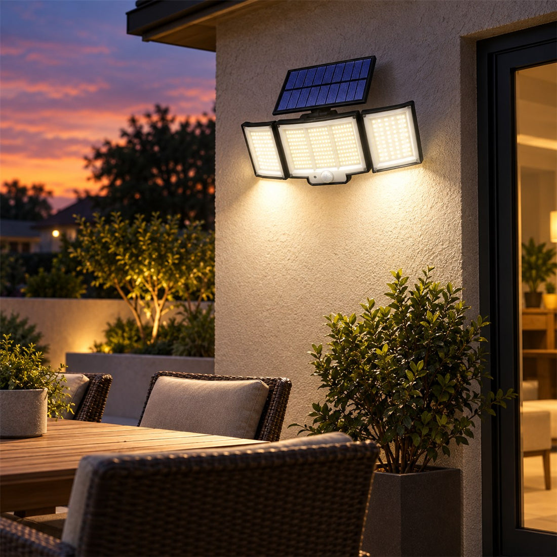 Refletor Solar com Sensor de Movimento e Três Cabeças Ajustáveis para Área Externa em uso no ambiente