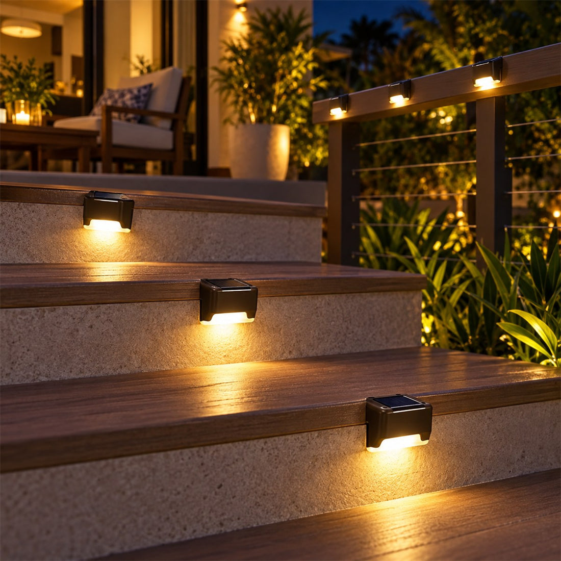 Luminária solar externa em kit de piso para escada, deck e caminho do quintal em uso no ambiente