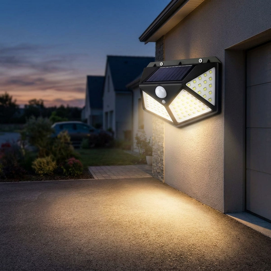 Luminária solar de parede com 100 LEDs para muro, quintal e garagem em uso no ambiente