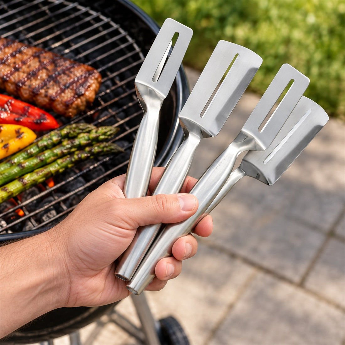 Espátula para churrasco com pegador em aço inox — jogo com 3 peças em uso no ambiente