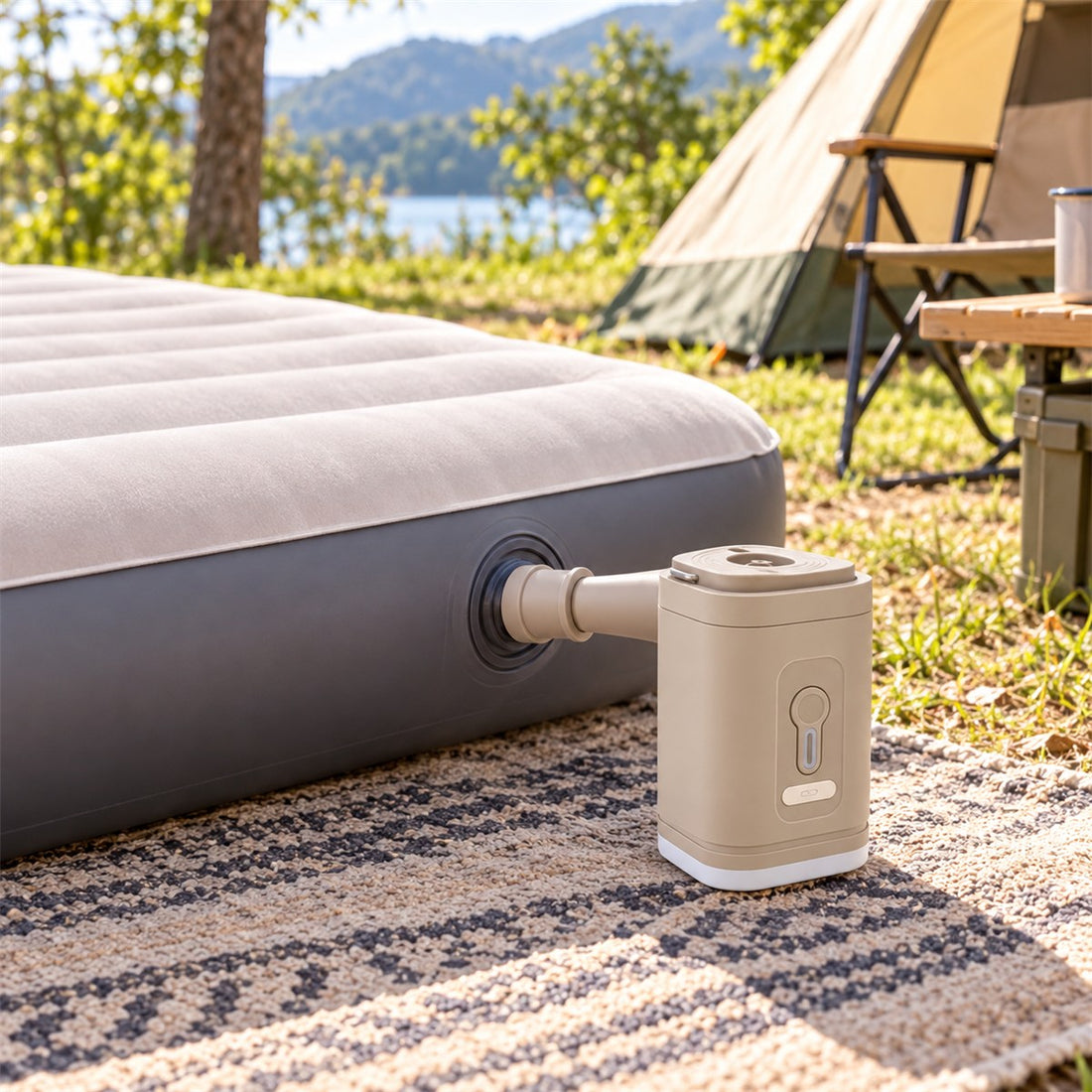 Inflador de Ar Portátil 3 em 1 sem Fio com Luz para Camping em uso no ambiente
