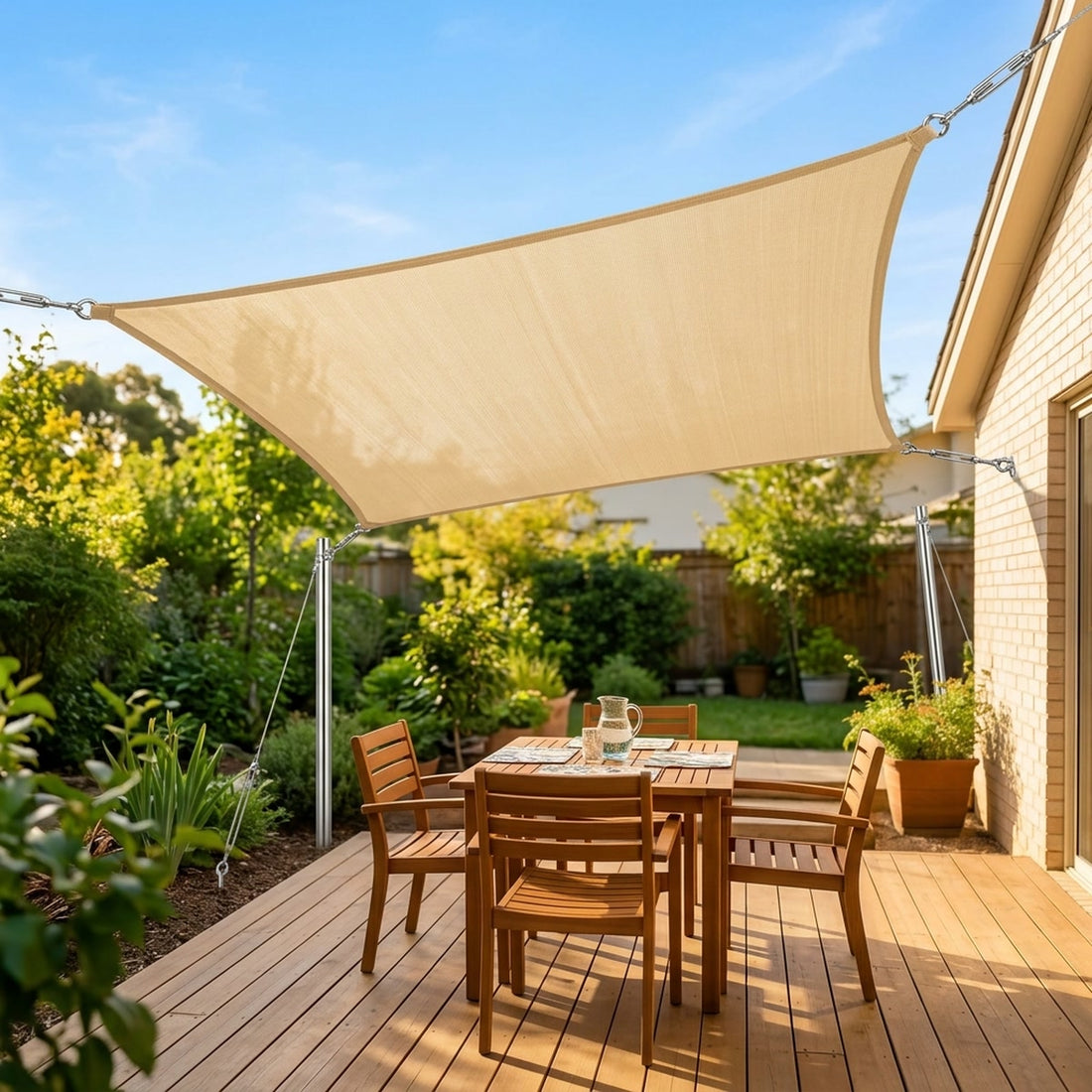 Toldo vela quadrado de 2 x 2 metros impermeável com argolas em uso no ambiente