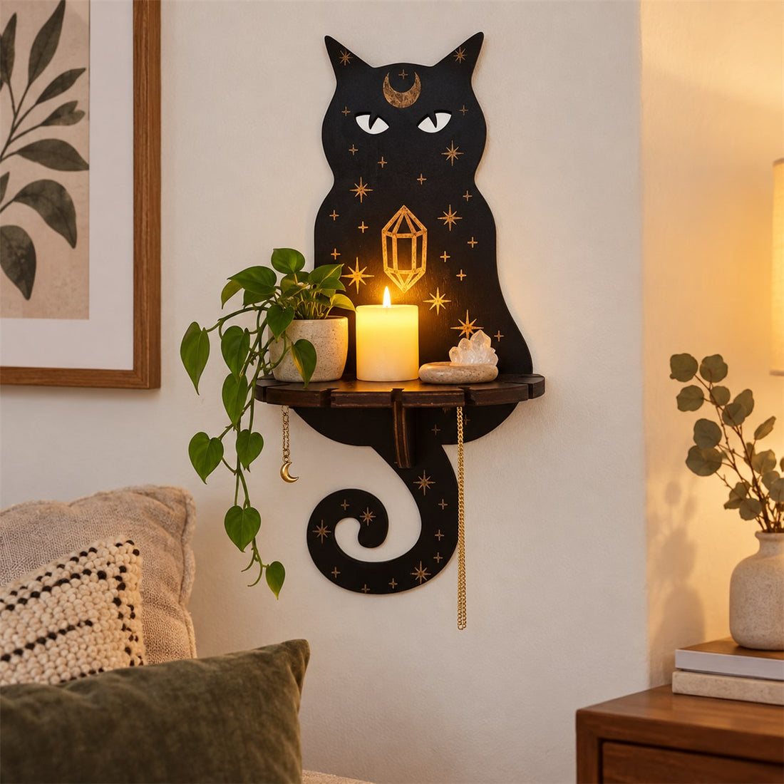 Prateleira de parede para sala em madeira com perfil estreito para expor peças em uso no ambiente