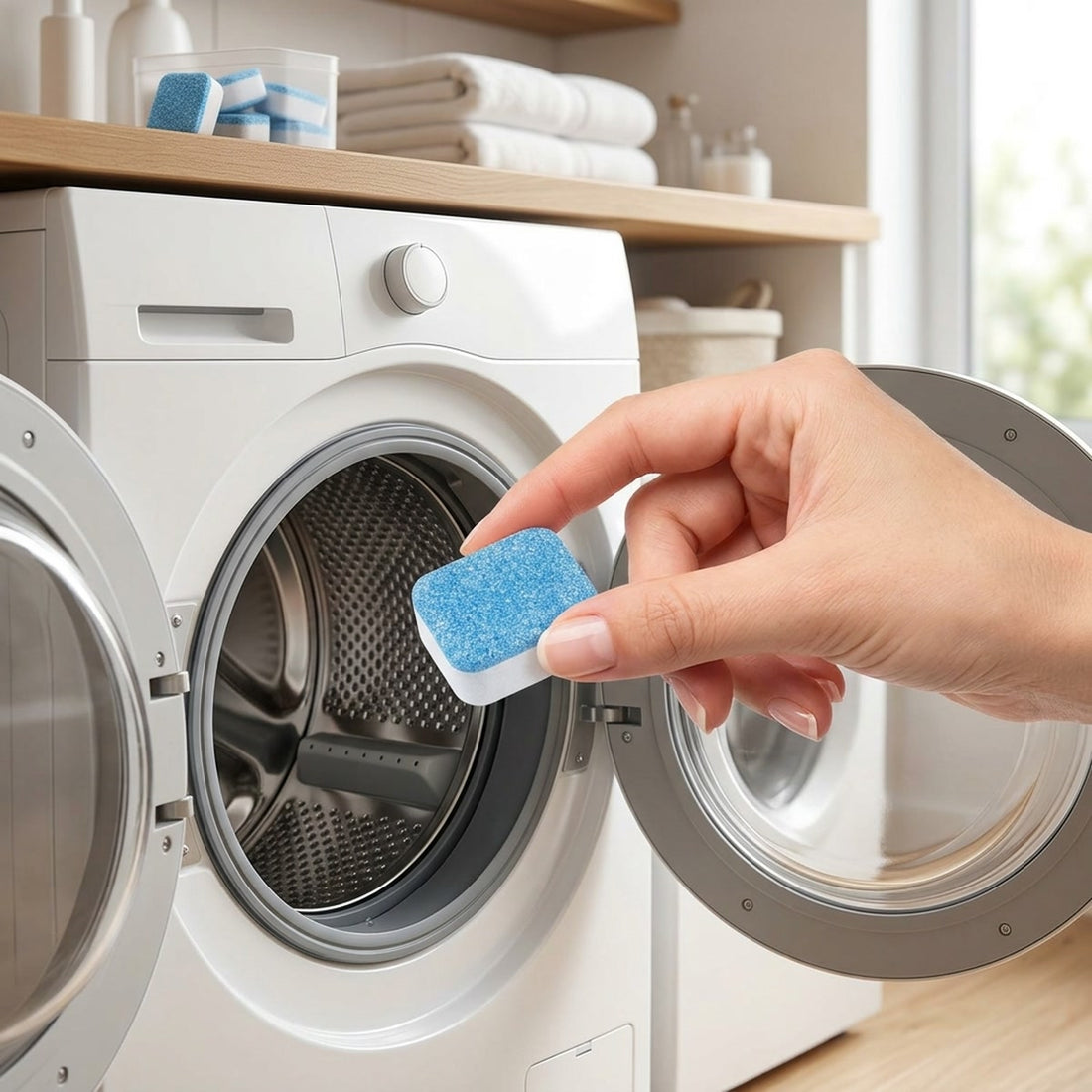 Pastilha para limpar máquina de lavar com 5 unidades e aroma de limão em uso no ambiente