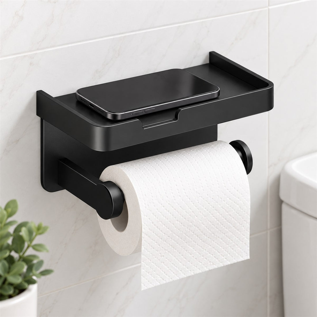 Porta papel higiênico de parede em alumínio com apoio para celular em uso no ambiente