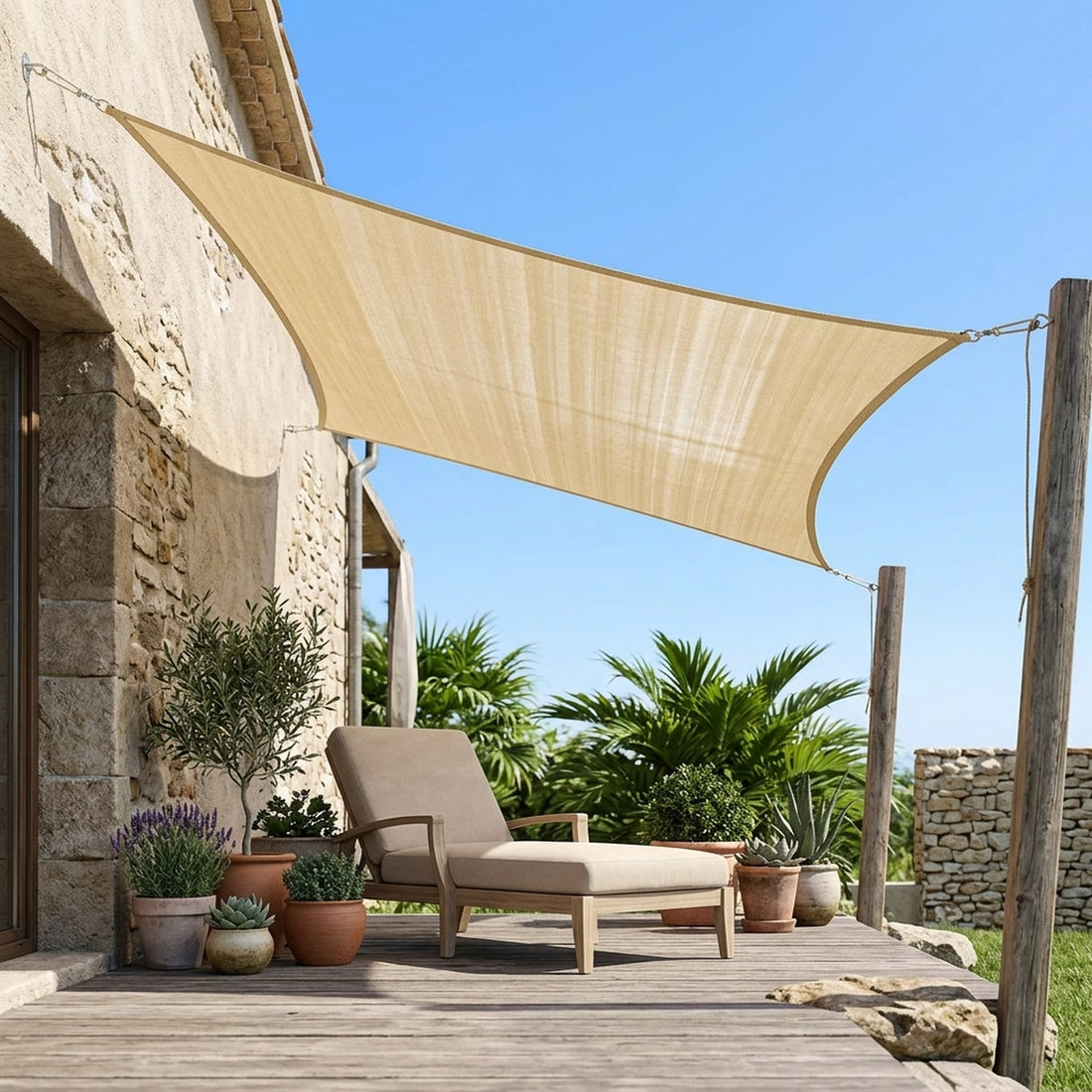 Toldo vela triangular de 3 x 3 x 3 metros impermeável com cordas em uso no ambiente