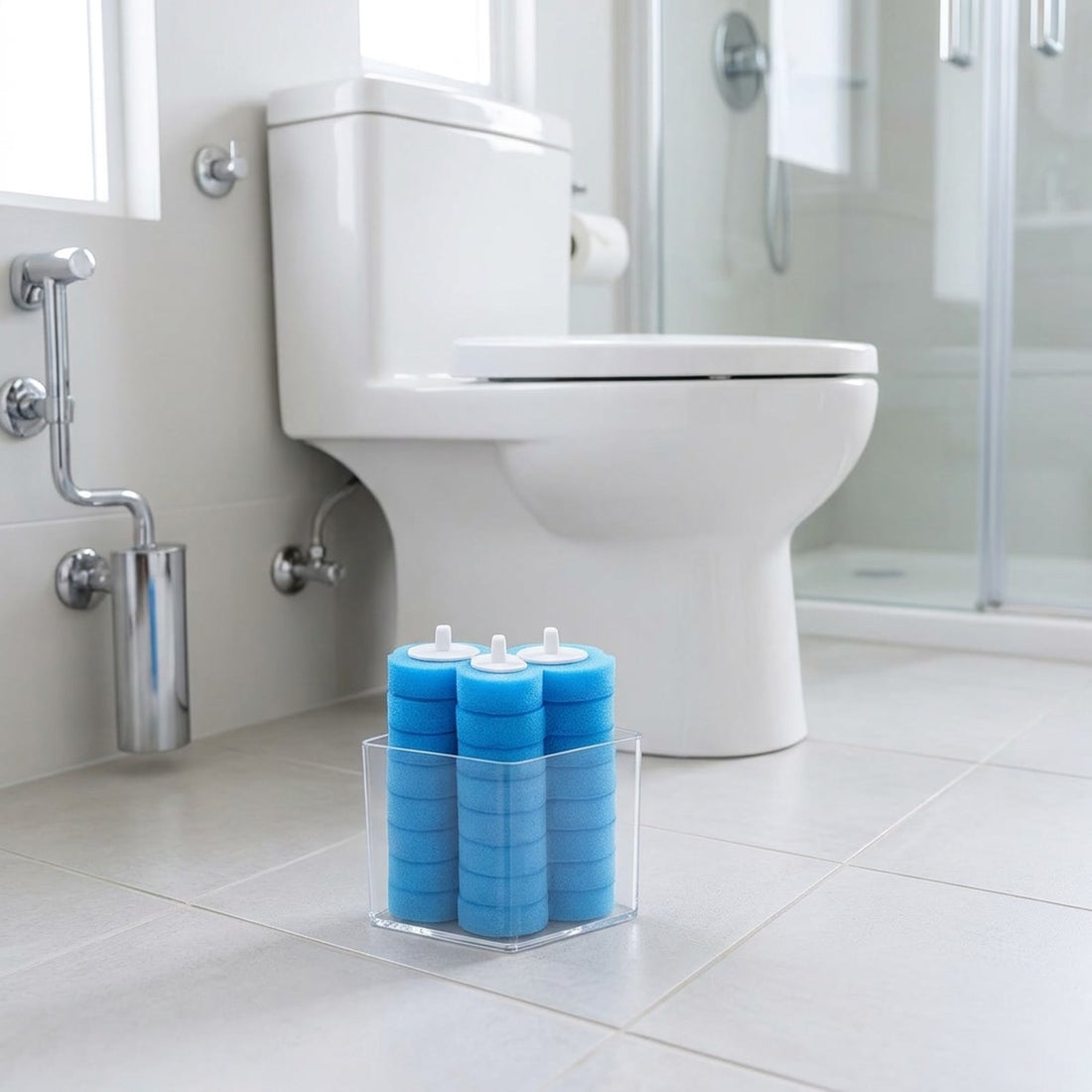 Refil descartável para escova sanitária com 36 peças de reposição em uso no ambiente