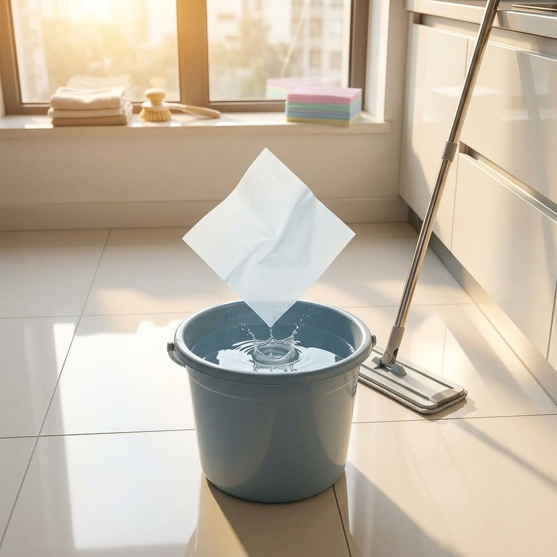 Pastilha para limpar piso concentrada com 30 folhas para balde de água em uso no ambiente
