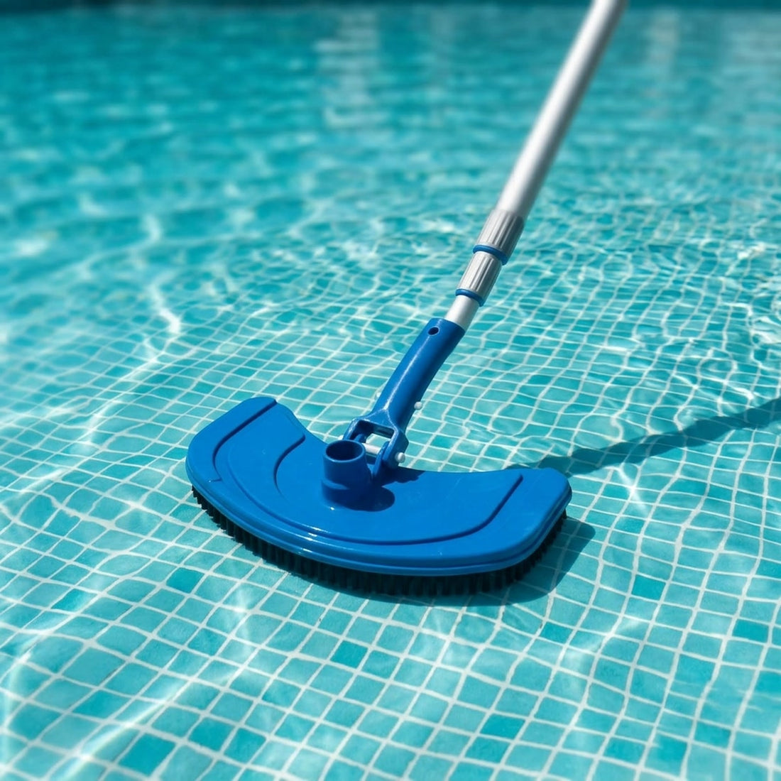Aspirador para piscina com cabeçote meia-lua flexível para o fundo em uso no ambiente