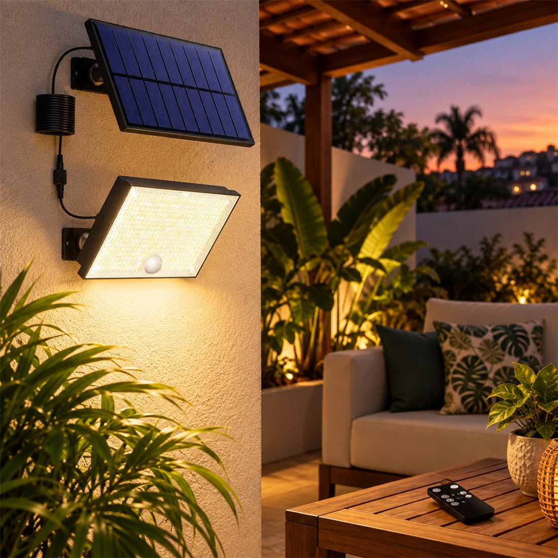 Refletor Solar LED com Sensor de Presença e Controle Remoto para Muro e Quintal em uso no ambiente