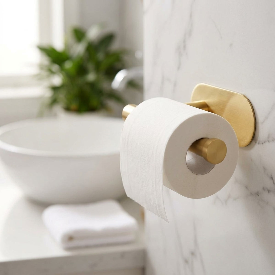 Suporte de papel higiênico dourado adesivo, sem furar a parede em uso no ambiente