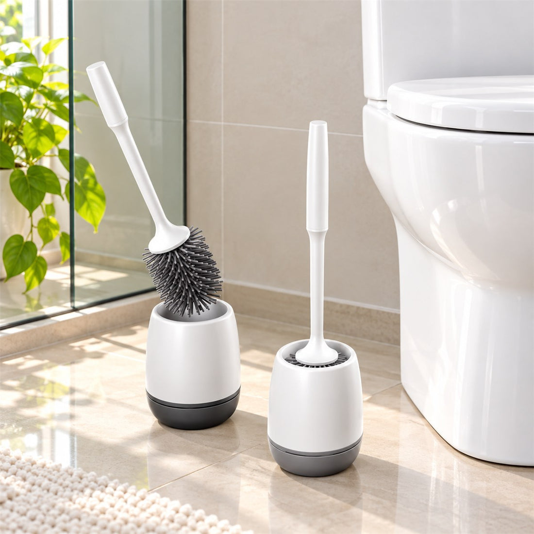 Escova sanitária de silicone com suporte de chão para banheiro e lavabo em uso no ambiente