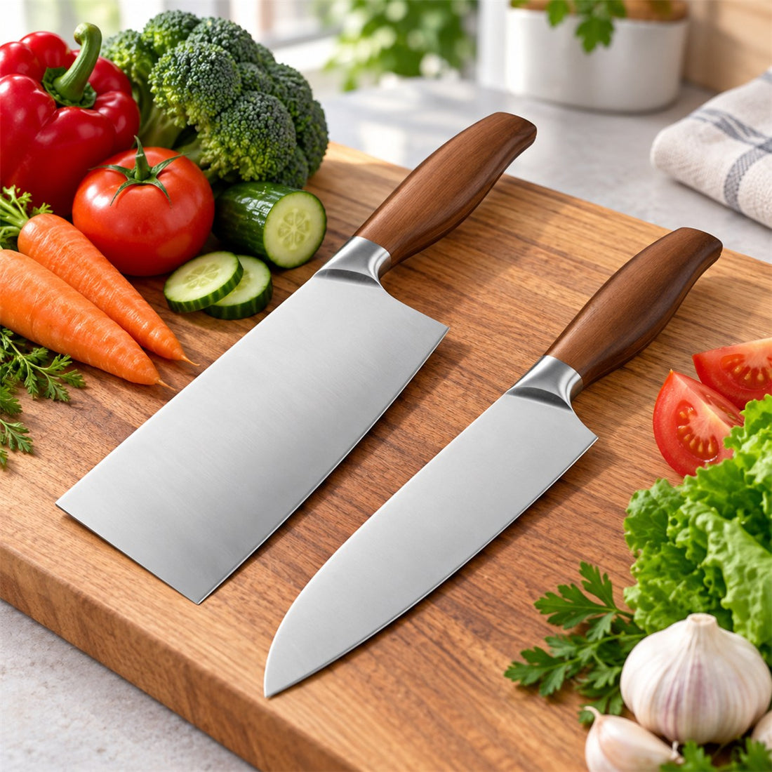 Kit de Facas de Cozinha em Aço Inoxidável 2 Peças Cutelo e Chef em uso no ambiente