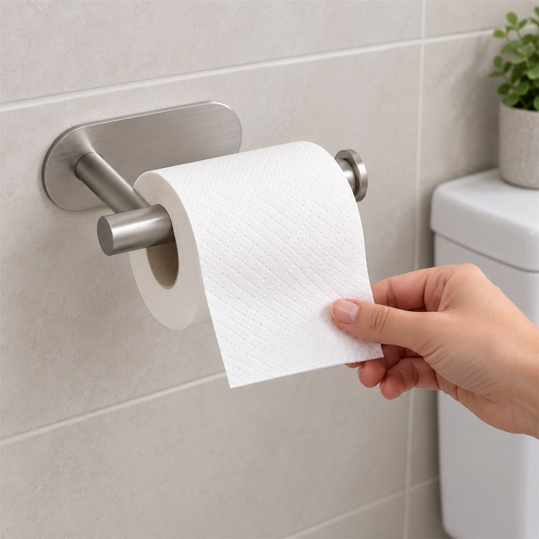 Suporte para Papel Higiênico em Inox 304 Adesivo, sem Furar em uso no ambiente