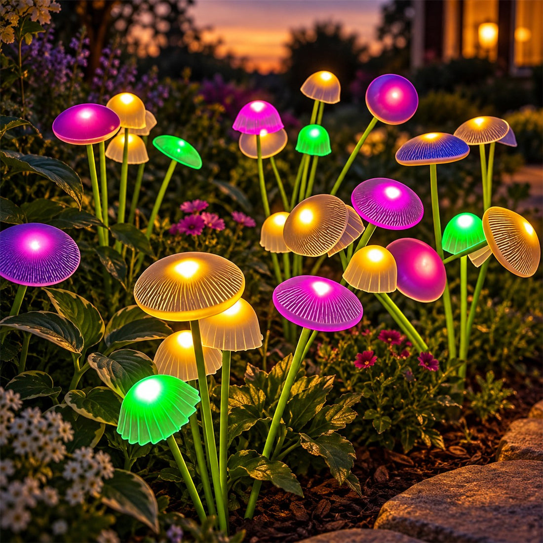 Luz Solar Cogumelo para Jardim com LED e Modo Duplo de Brilho em uso no ambiente