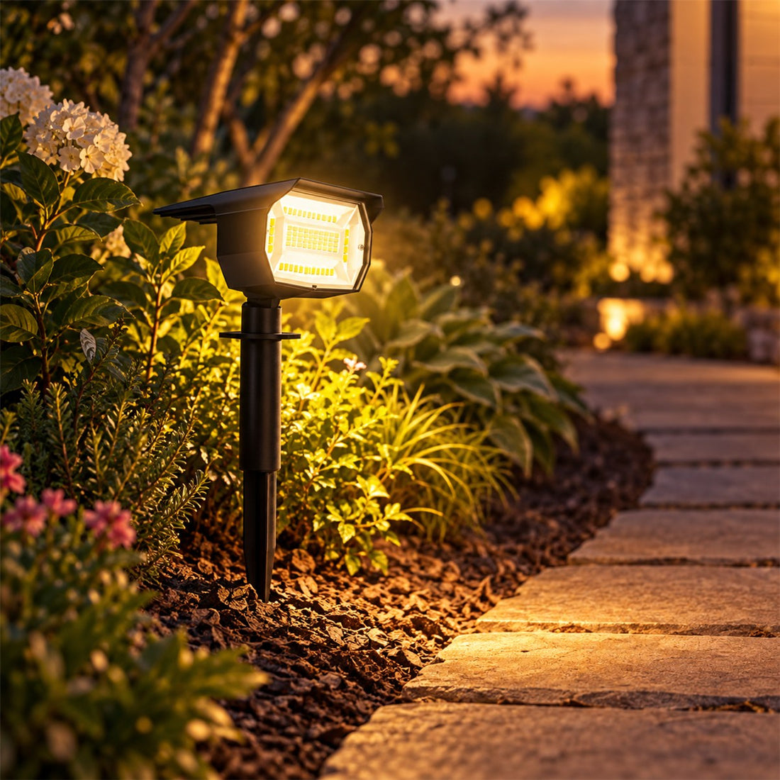 Spot Solar para Jardim com 72 LEDs e Espeto de Chão, Três Modos de Luz em uso no ambiente
