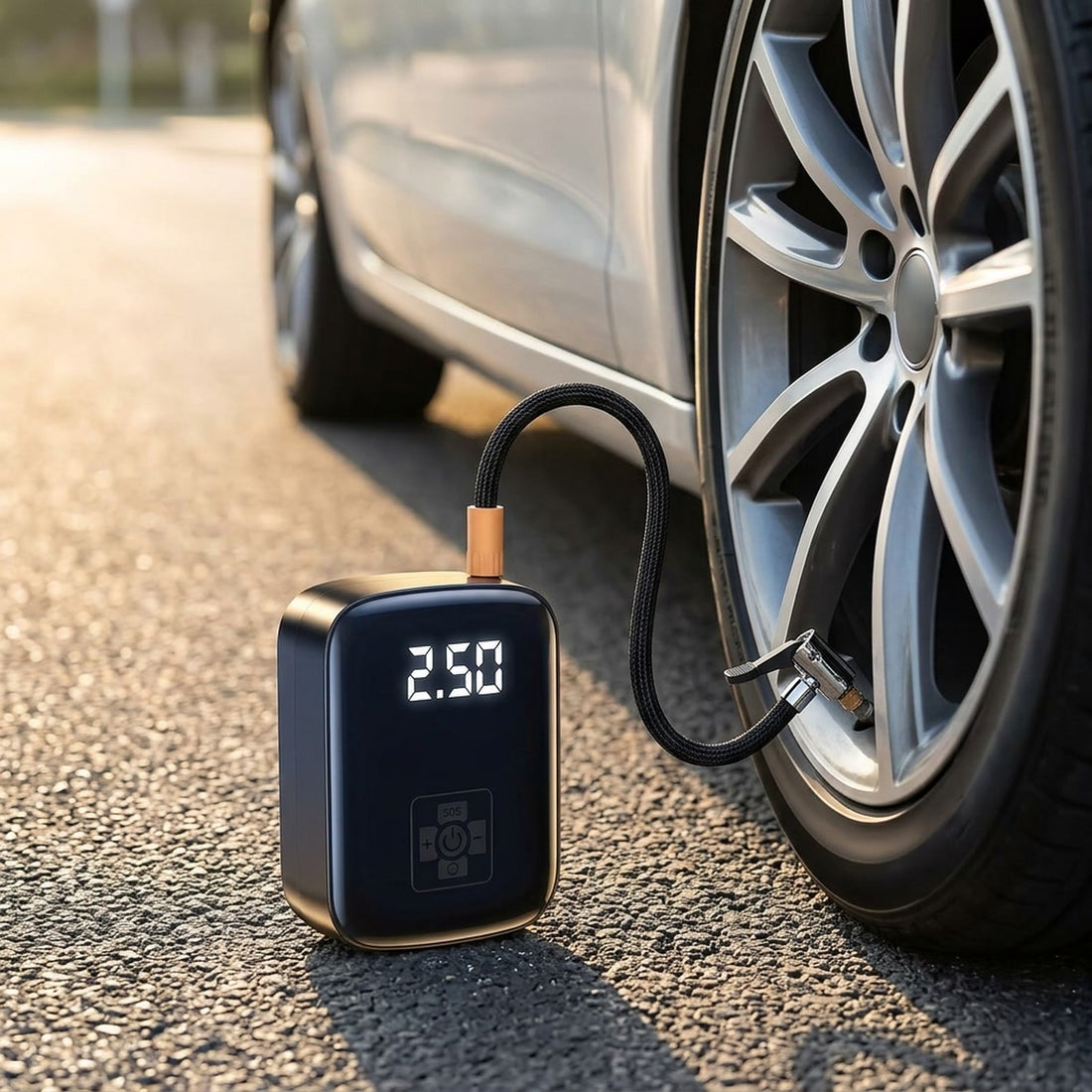 Compressor de Ar sem Fio Digital para Pneus de Carro e Moto em uso no ambiente