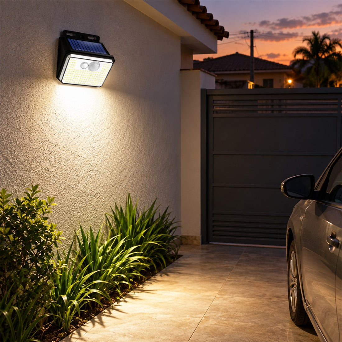 Refletor solar com sensor de presença e 148 LEDs para muro e garagem em uso no ambiente