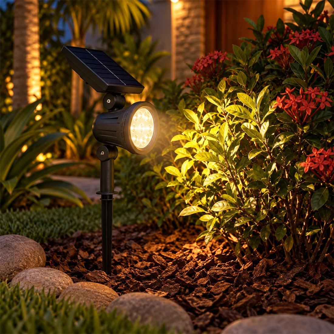 Luminária Solar para Quintal com 9 LEDs e Brilho Ajustável, Painel Articulado em uso no ambiente