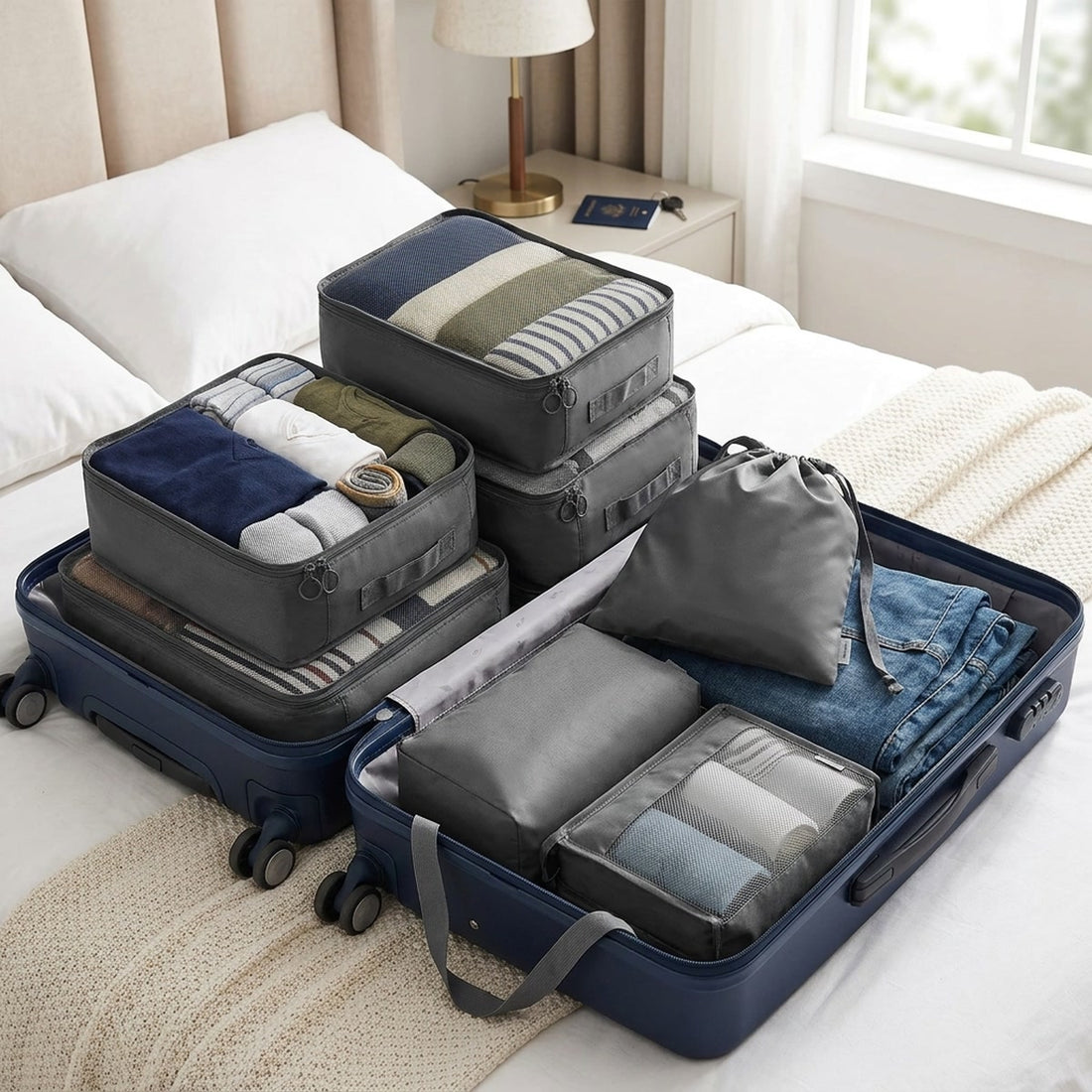 Kit organizador de mala com 7 peças em algodão para viagem em uso no ambiente