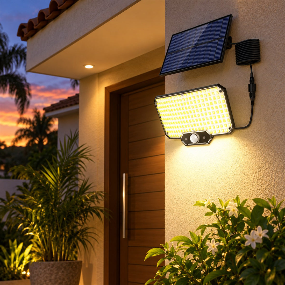 Luminária Solar de Parede Externa com Sensor e Três Modos de Funcionamento em uso no ambiente
