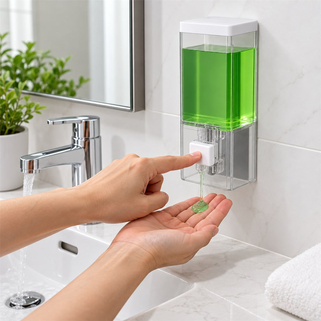 Dispenser de Sabonete de Parede Transparente com Válvula de Pressão em uso no ambiente