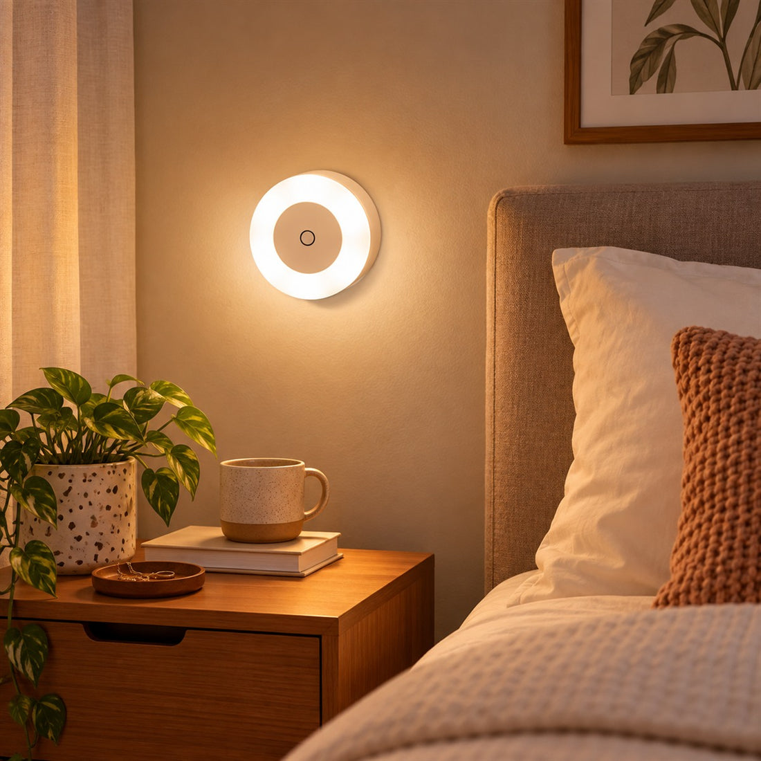 Arandela recarregável usb redonda com luz regulável no toque para armário e corredor em uso no ambiente