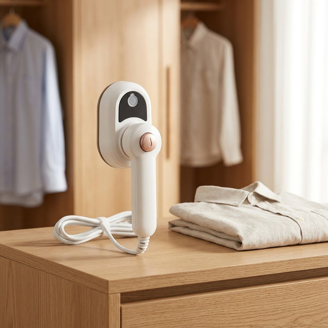 Vaporizador de roupas portátil vertical de mão com 60 minutos de vapor em uso no ambiente