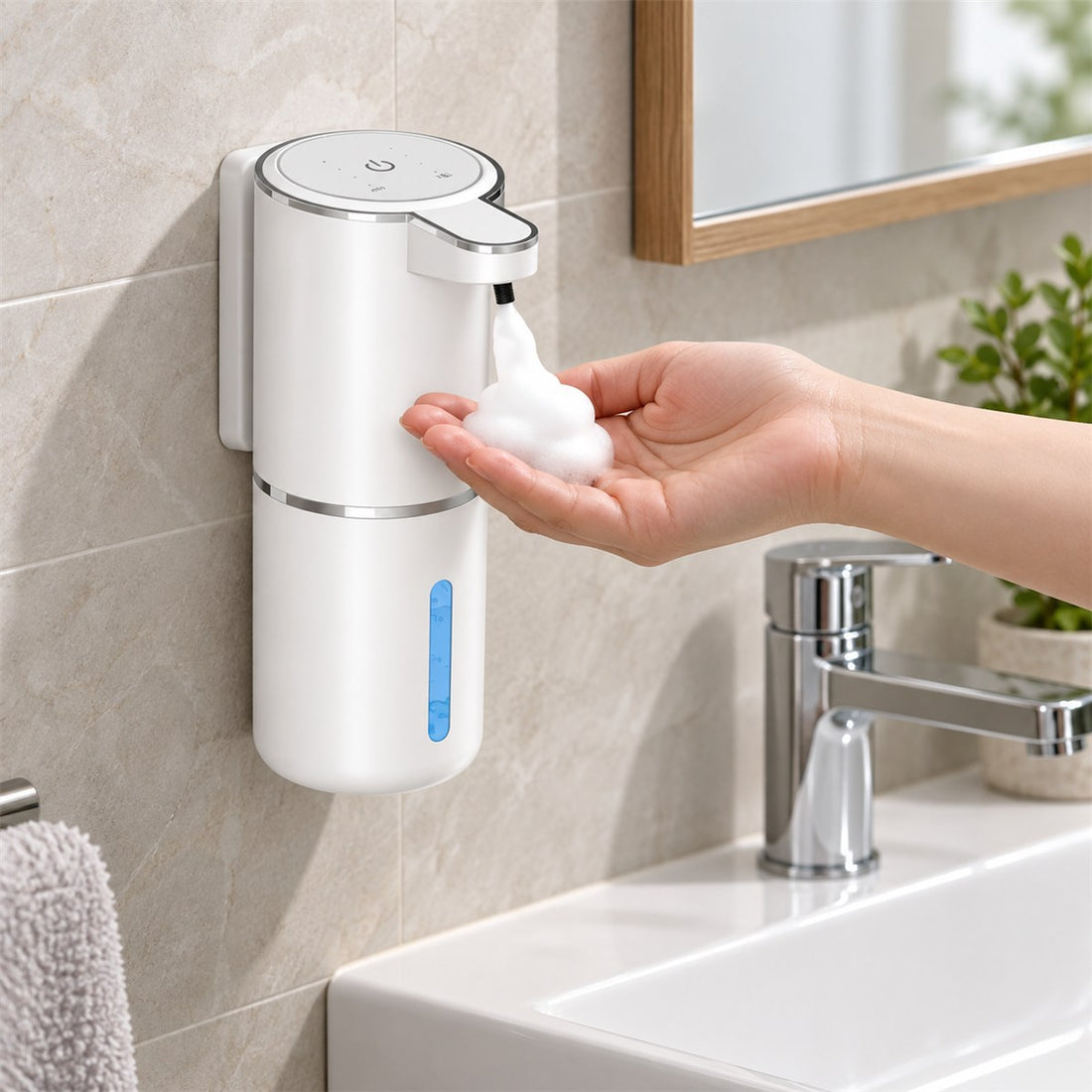 Dispenser Automático de Sabonete em Espuma de Parede Recarregável em uso no ambiente
