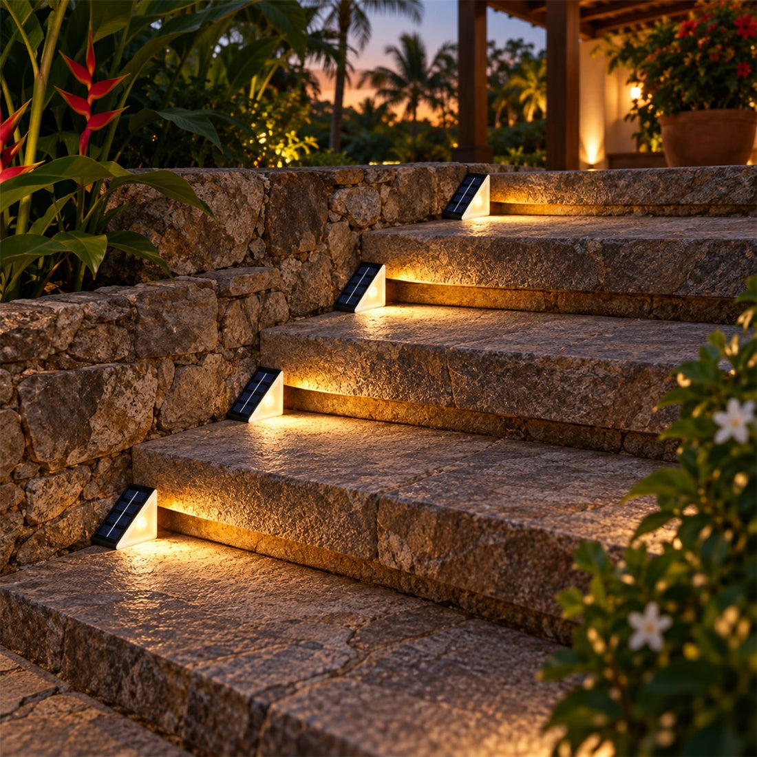 Luz Solar Decorativa Triangular para Degrau e Deck, Branco Quente ou RGB em uso no ambiente