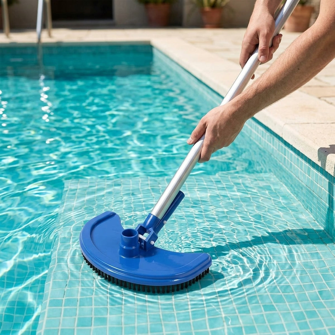 Aspirador para piscina com cabeçote meia-lua flexível para o fundo em uso, mostrando o tamanho real