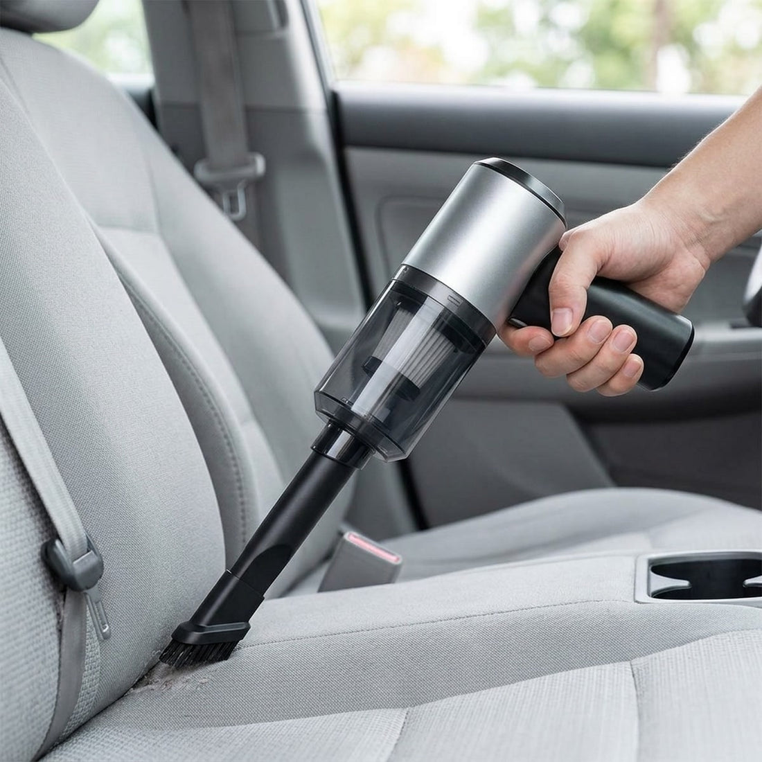 Aspirador portátil para carro 15000Pa sem fio que sopra e aspira em uso, mostrando o tamanho real