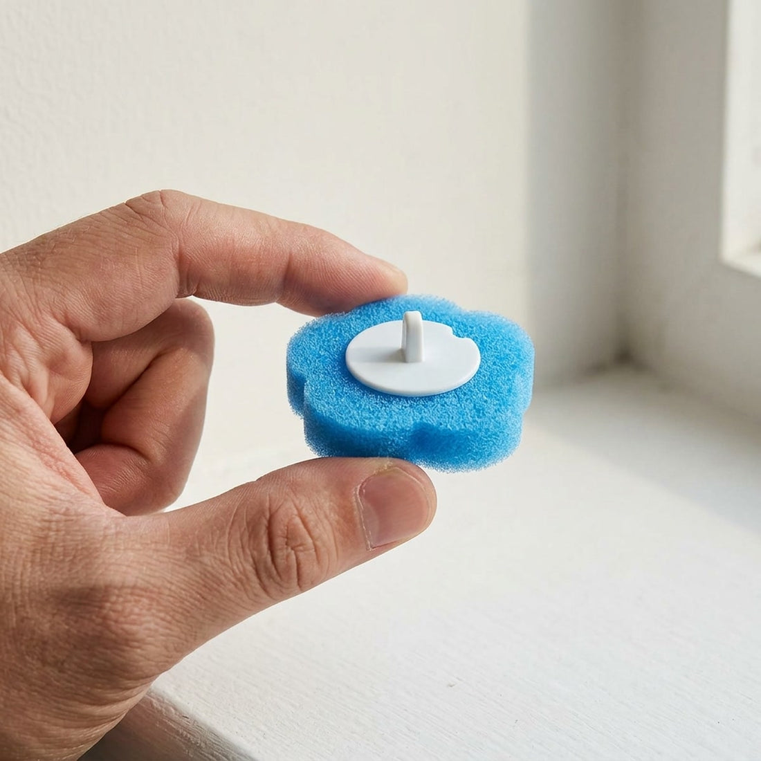 Refil descartável para escova sanitária com 36 peças de reposição em uso, mostrando o tamanho real