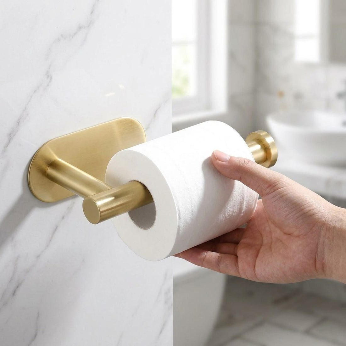 Suporte de papel higiênico dourado adesivo, sem furar a parede em uso, mostrando o tamanho real