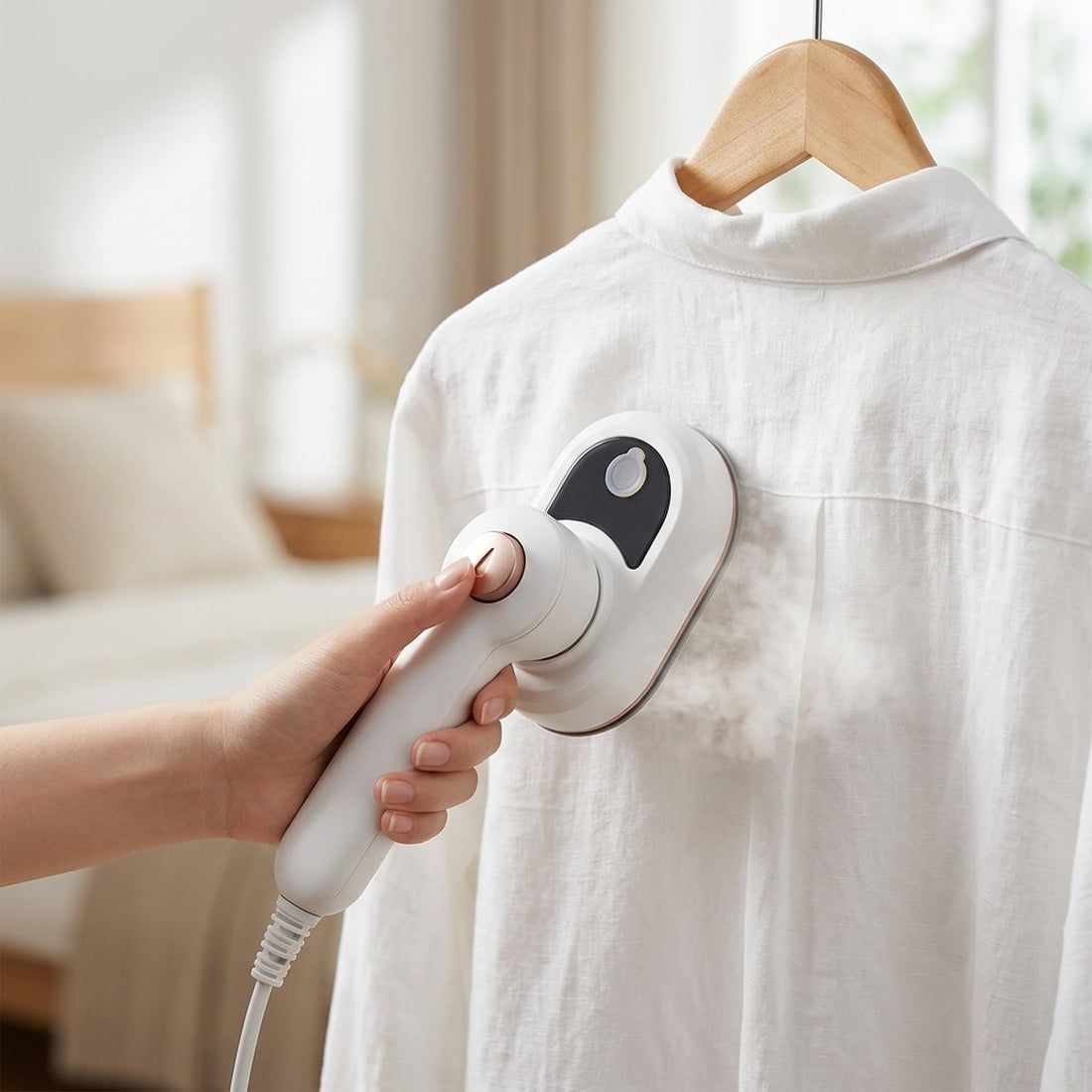 Vaporizador de roupas portátil vertical de mão com 60 minutos de vapor em uso, mostrando o tamanho real