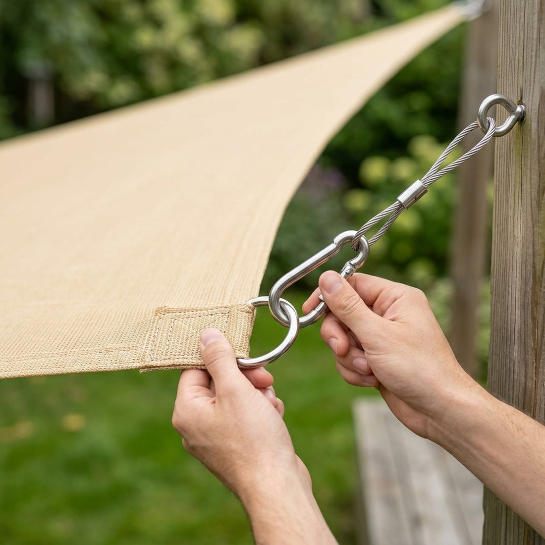 Toldo vela quadrado de 2 x 2 metros impermeável com argolas em uso, mostrando o tamanho real