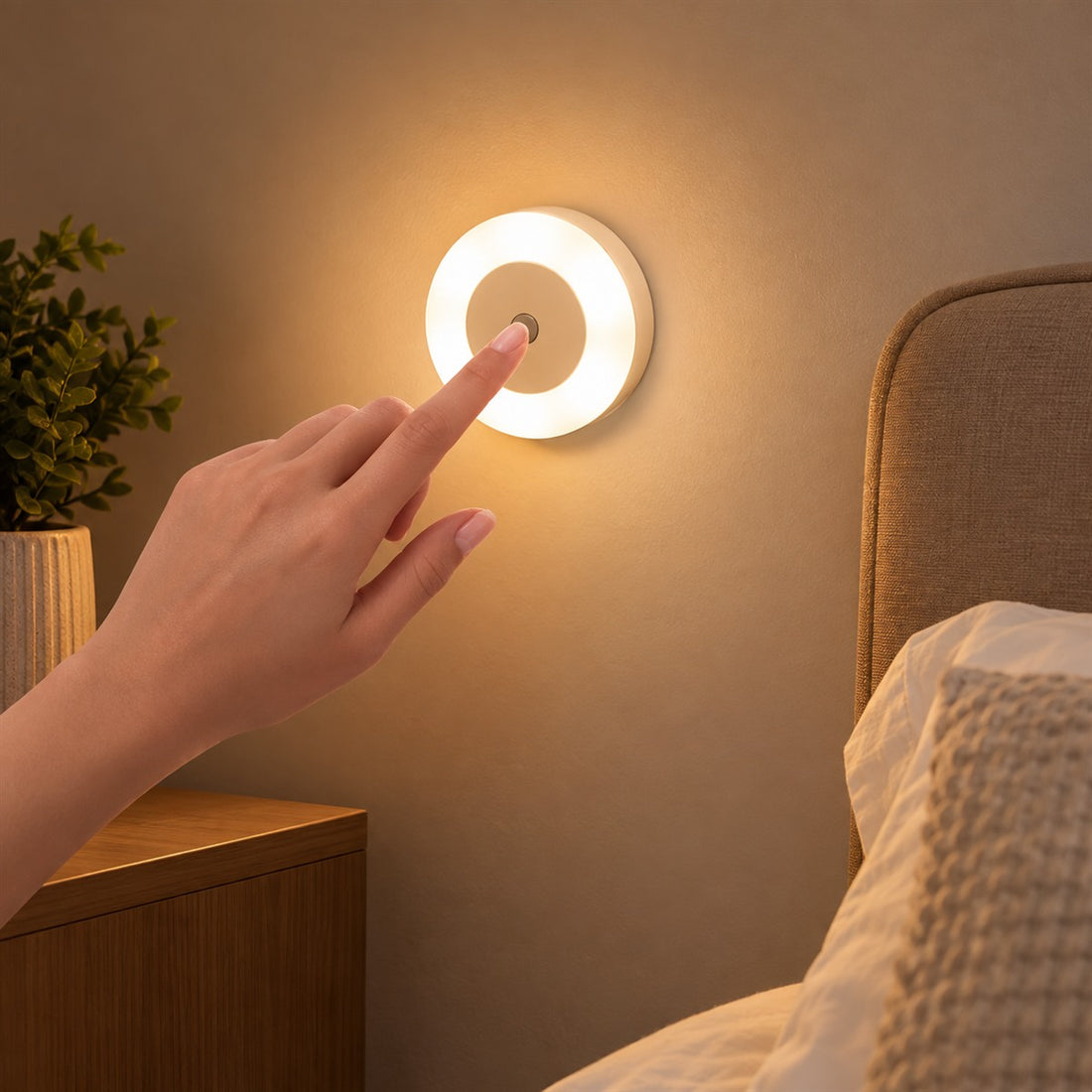Arandela recarregável usb redonda com luz regulável no toque para armário e corredor em uso, mostrando o tamanho real