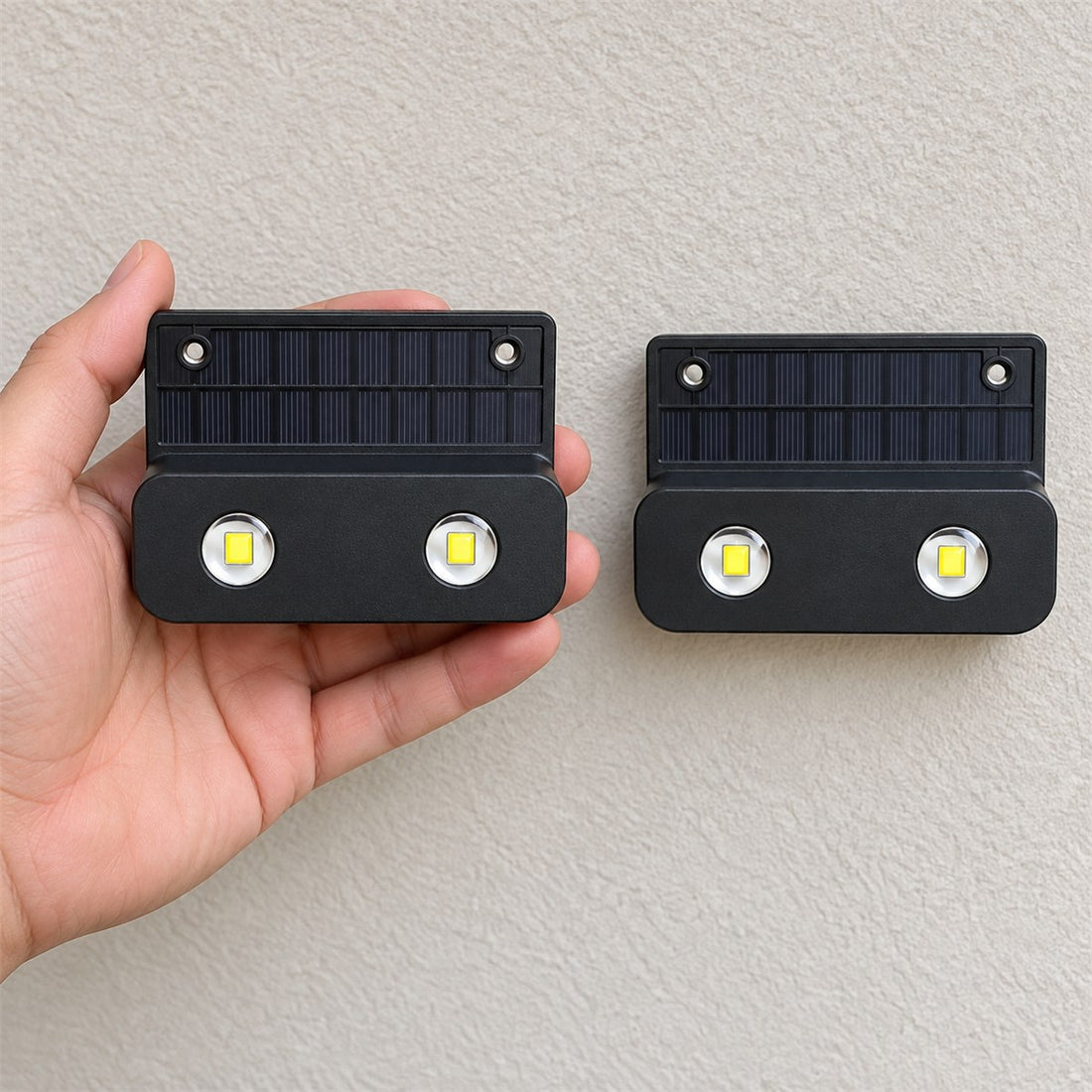 Luz Solar para Varanda e Alpendre, Compacta e à Prova de Água IP65 em uso, mostrando o tamanho real
