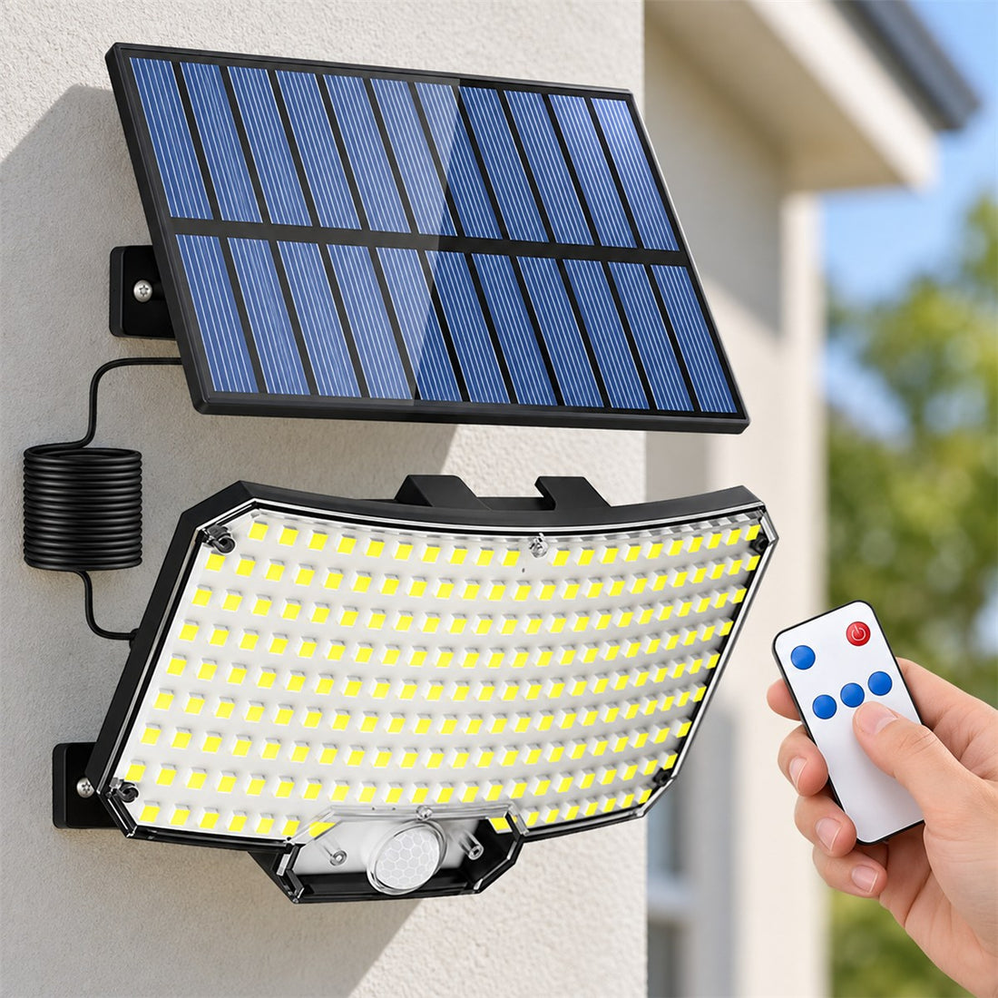 Luminária Solar com Controle Remoto e Sensor de Presença 234 LEDs para Área Externa em uso, mostrando o tamanho real