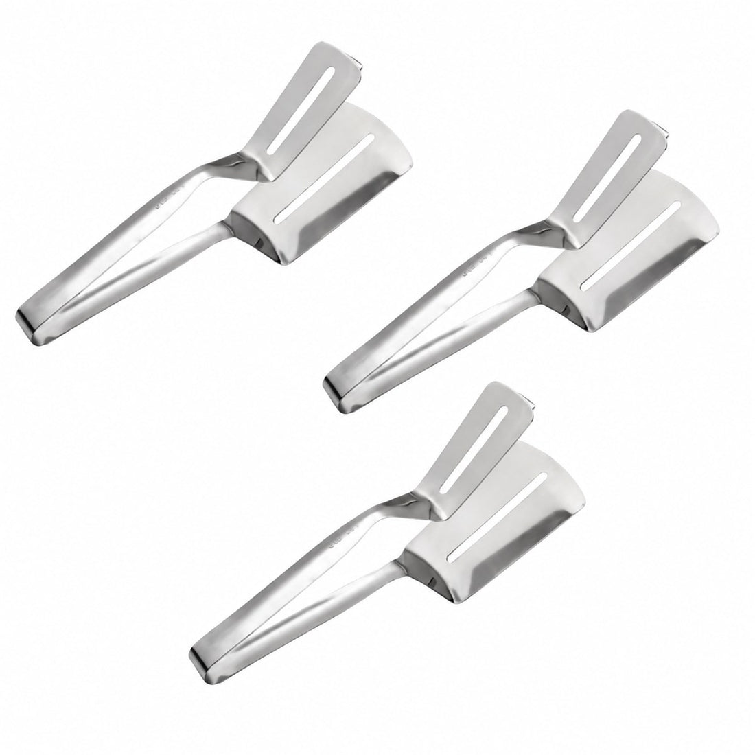 Espátula para churrasco com pegador em aço inox — jogo com 3 peças em uso, mostrando o tamanho real