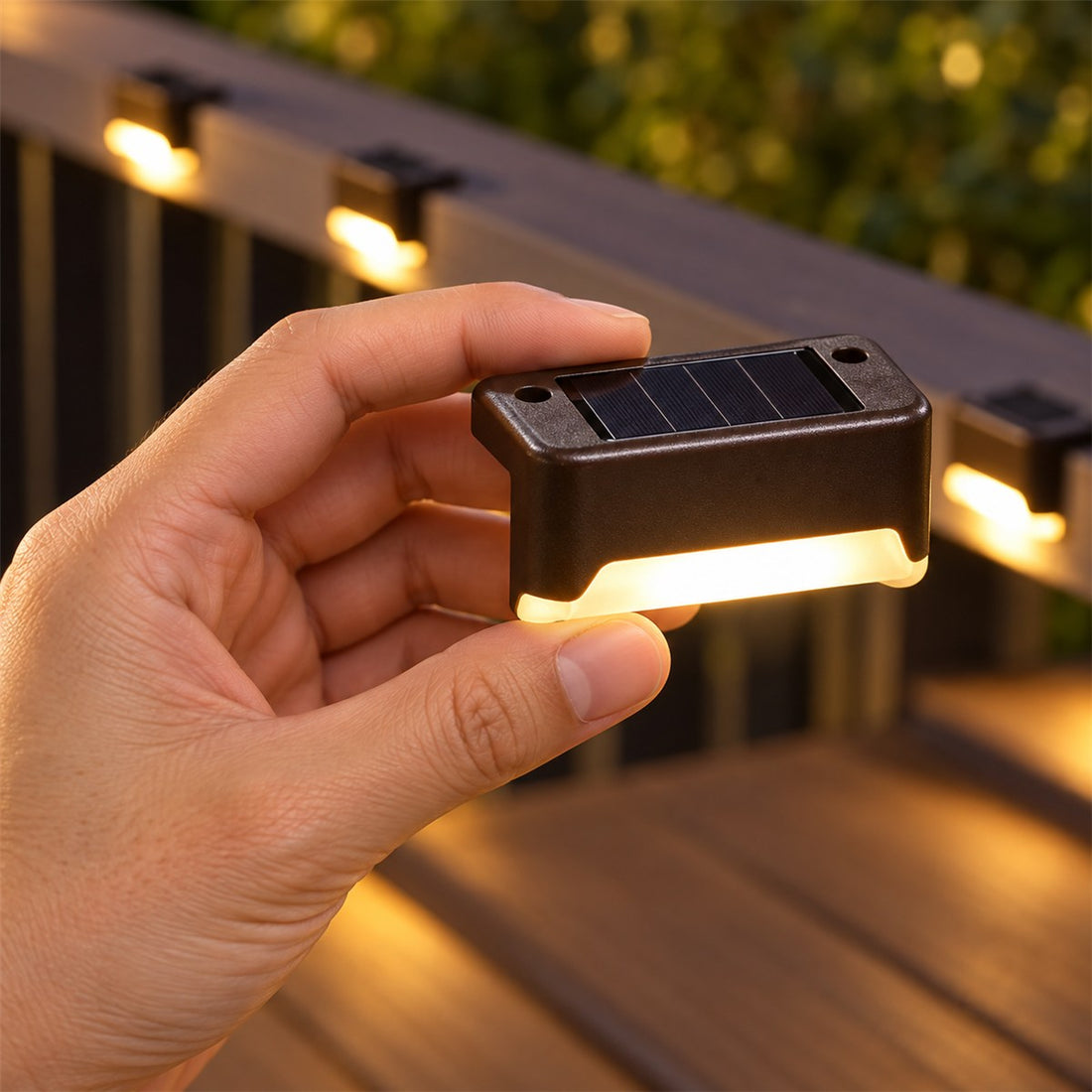Luminária solar externa em kit de piso para escada, deck e caminho do quintal em uso, mostrando o tamanho real