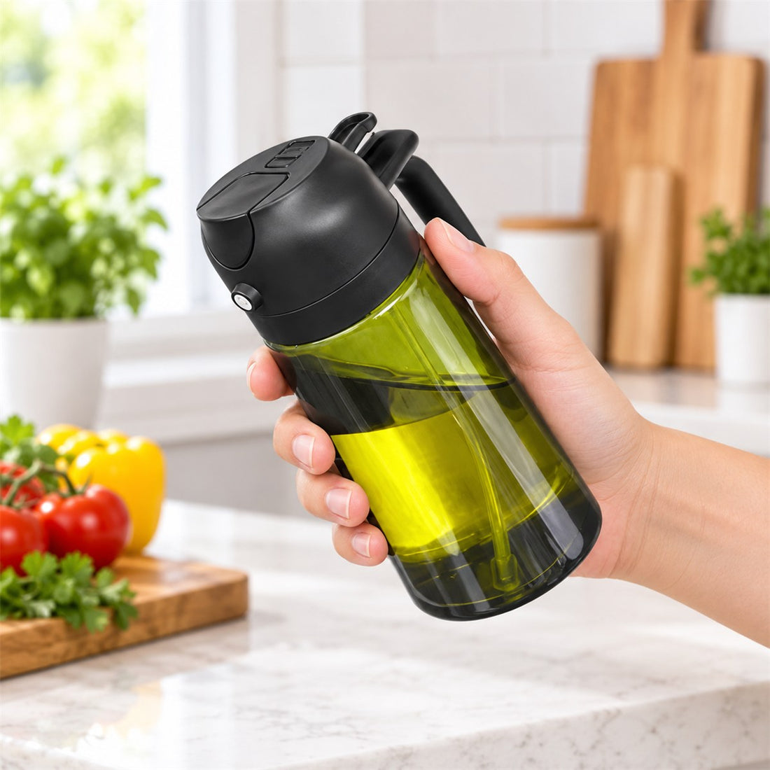 Borrifador de Azeite 2 em 1 com Dosador e Frasco de 500 ml em uso, mostrando o tamanho real