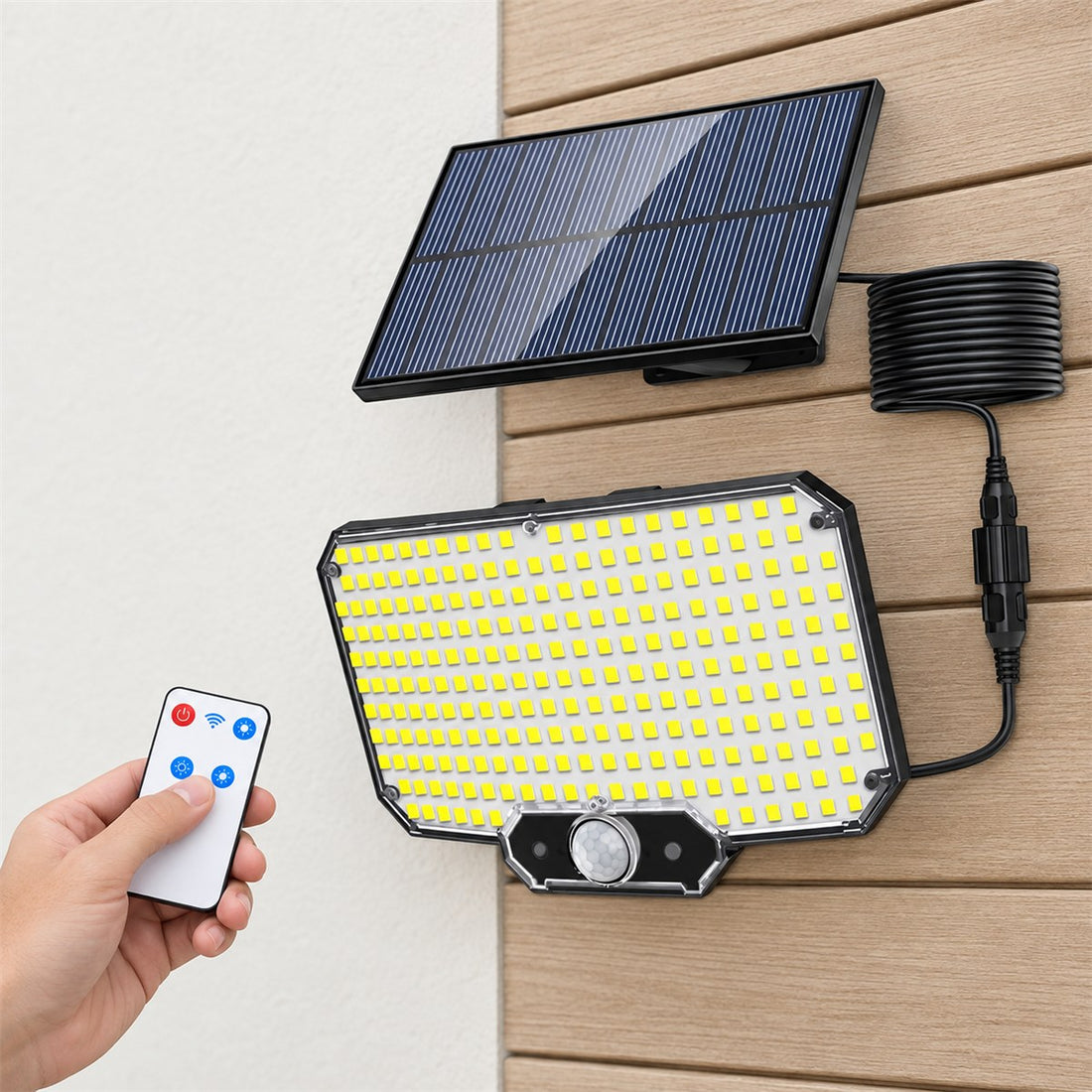 Luminária Solar de Parede Externa com Sensor e Três Modos de Funcionamento em uso, mostrando o tamanho real